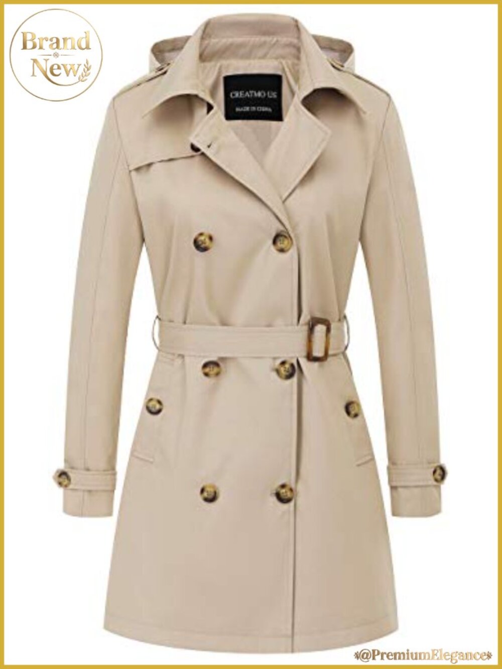 Women's Double-Breasted Trench Coat Water Repellent Mid-Length with Detachable